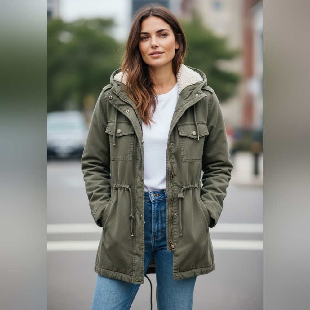 🎉 3/60 Aritzia Talula Army Green Hooded Jacket With Faux Fur Lining Size XXS